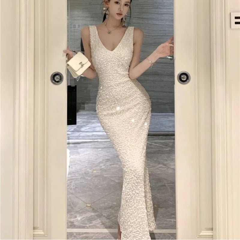 Heavy Industry Sequin V-neck Sling Dress Women's Autumn Slim Dress Temperament Fishtail Hip-wrapped Long Dresses