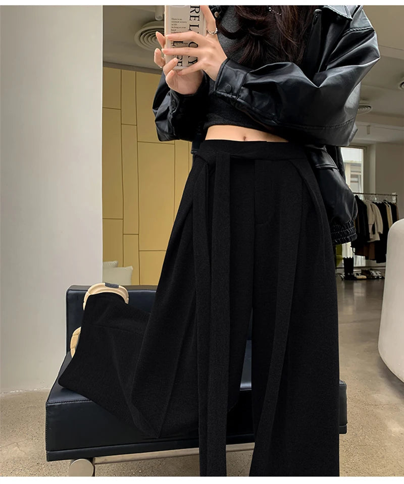 MEXZT Woolen Wide Leg Pants Women Fashion Lace Up Black Baggy Suit Pants Winter Streetwear Korean Casual Straight Trousers New