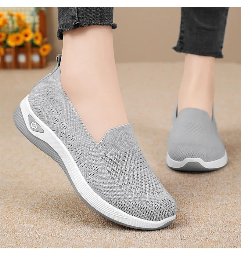 Women's Solid Color Breathable Sneakers, Soft Sole Lightweight Slip On Walking Shoes, Low-top Knitted Casual Shoes