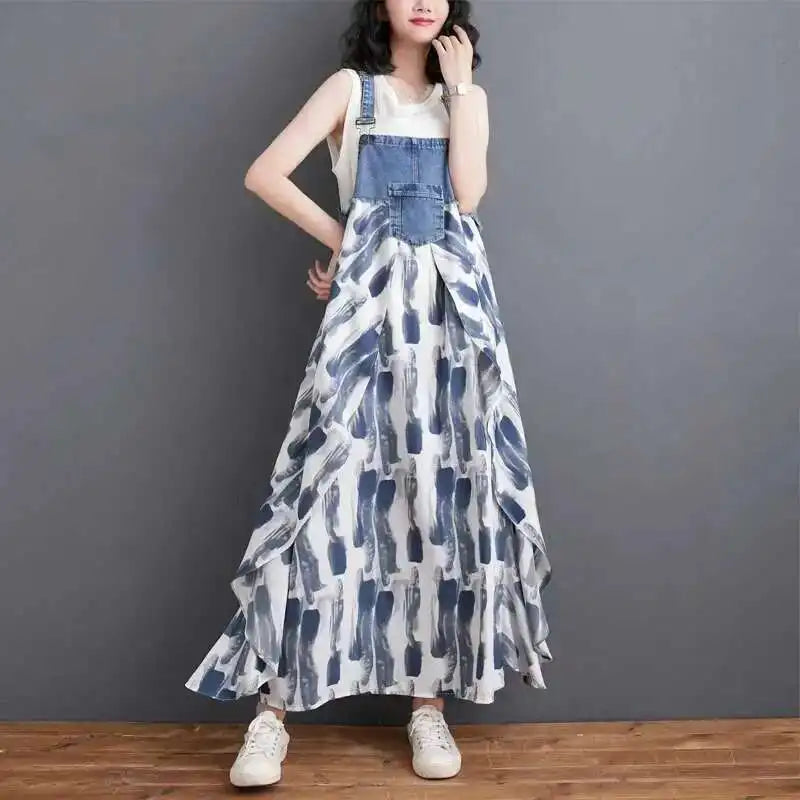 [EWQ] Sweet Women's Denim Dress Patchwork Contrasting Print Design Big Zise Casual Clothing Beautiful Sing Dresses 16O1075