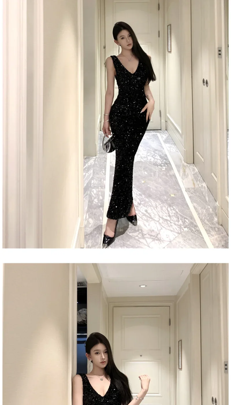 Heavy Industry Sequin V-neck Sling Dress Women's Autumn Slim Dress Temperament Fishtail Hip-wrapped Long Dresses