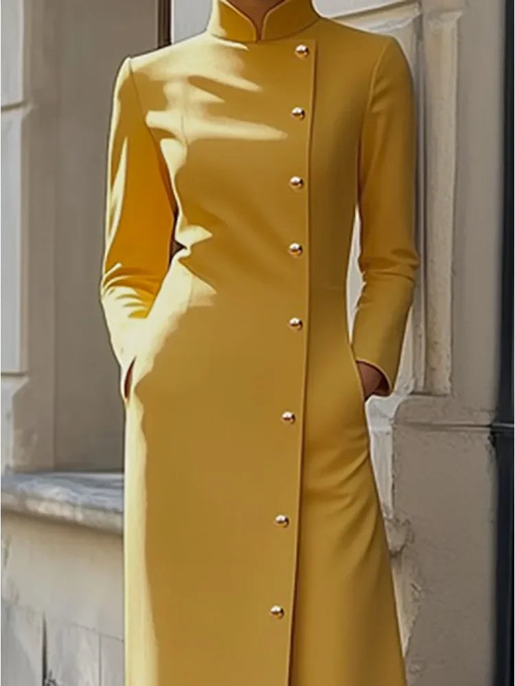 Solid Color Dress for Women 2025 Stand Collar Long Sleeves Single-breasted H-Line Midi Dress Autumn Fashion High Street Dress