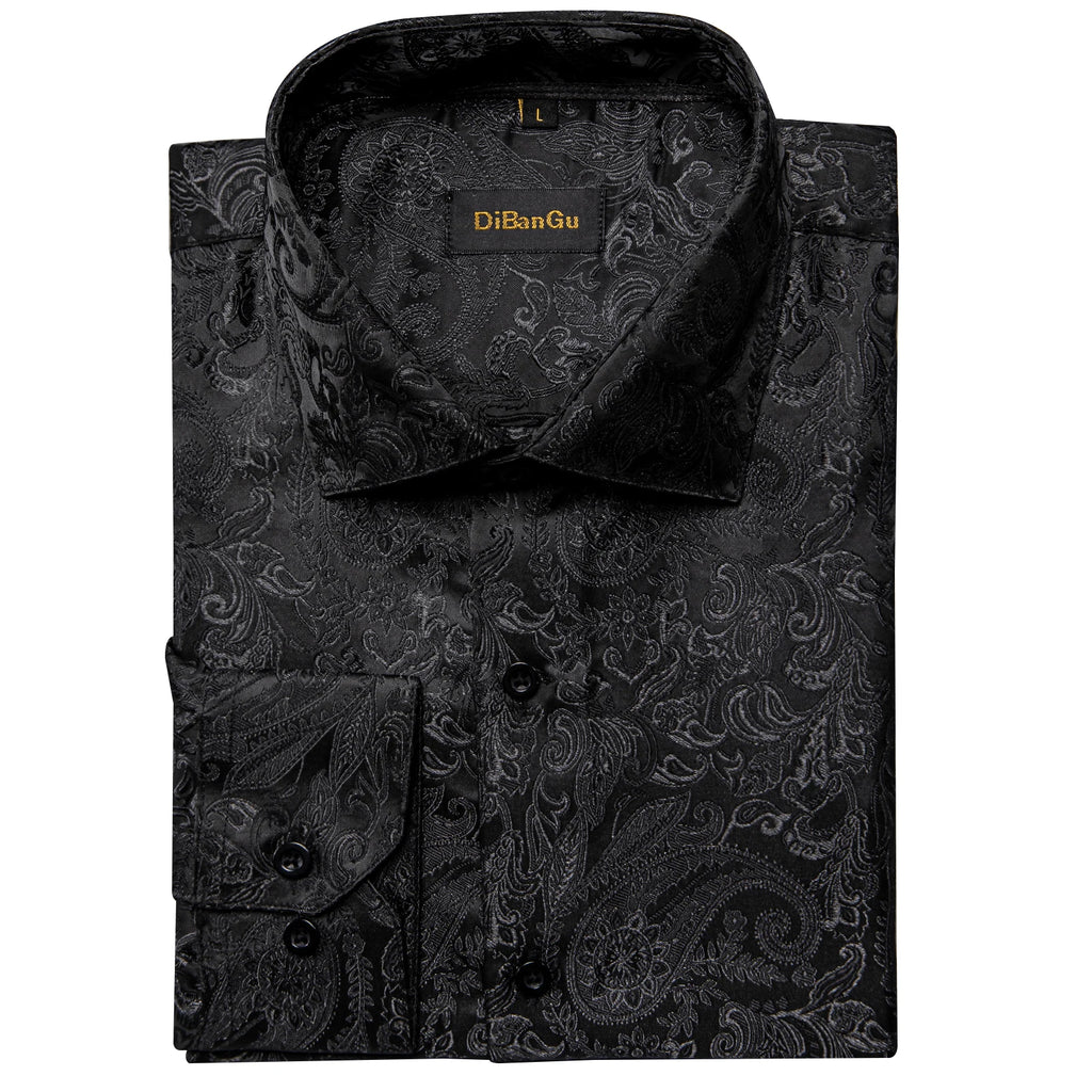 Polyester Dress Shirts for Men Black Solid Paisley Red Silver Long Sleeve Turn Down Collar Prom Social Men's Shirt