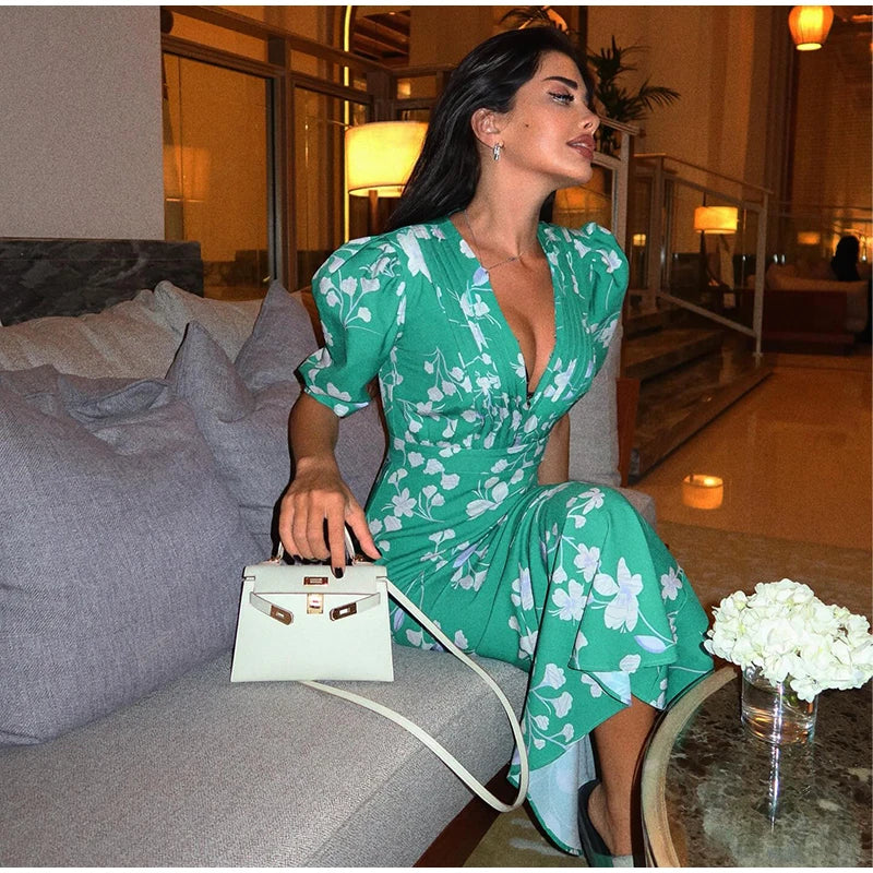 Elegant Printed Maxi Dress Women Half Sleeve V-Neck Button Waist-Closed Hip Package Ruffle Dresses 2026 Spring Summer Lady Robe