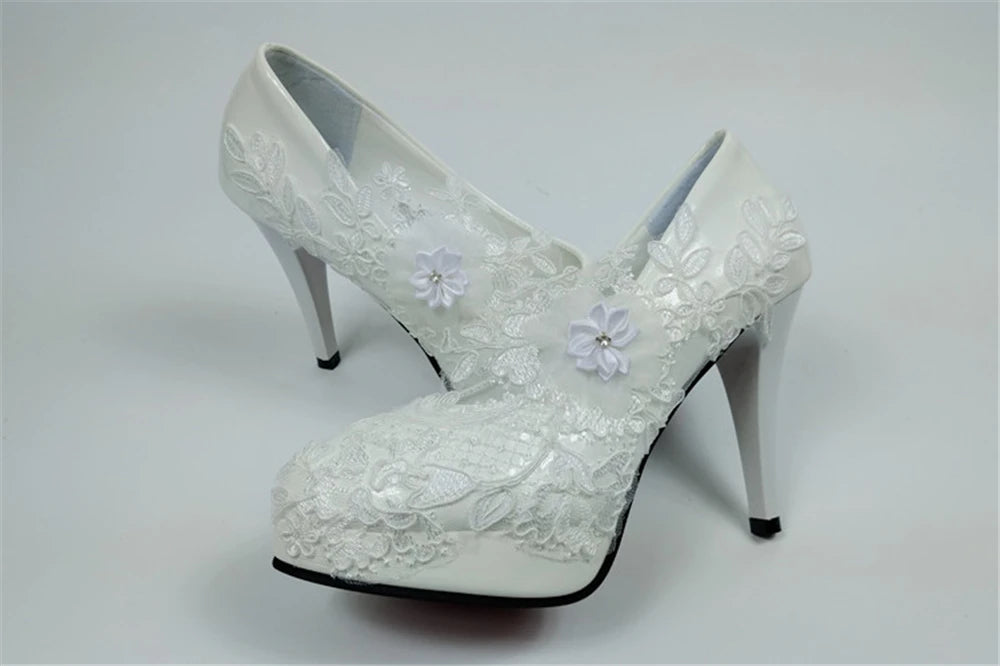 Spring new round-toe waterproof platform lace rhinestone low-heel wedding shoes thin high-heeled dress large-size women's shoes
