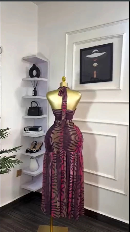 CM.YAYA Women Halter Neck Backless Ruched Stacked Sleeveless Mesh Long Maxi Dress 2025 Birthday Even Sexy Party Dresses Vestidos