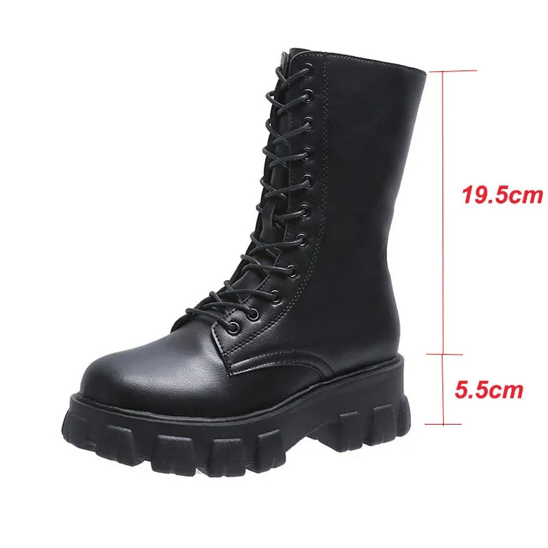 2024 Winter Shoes Women White Boots Autumn Fashion PU Leather Platform Gothic Boots Punk Combat Mid-Calf Boots For Women Booties