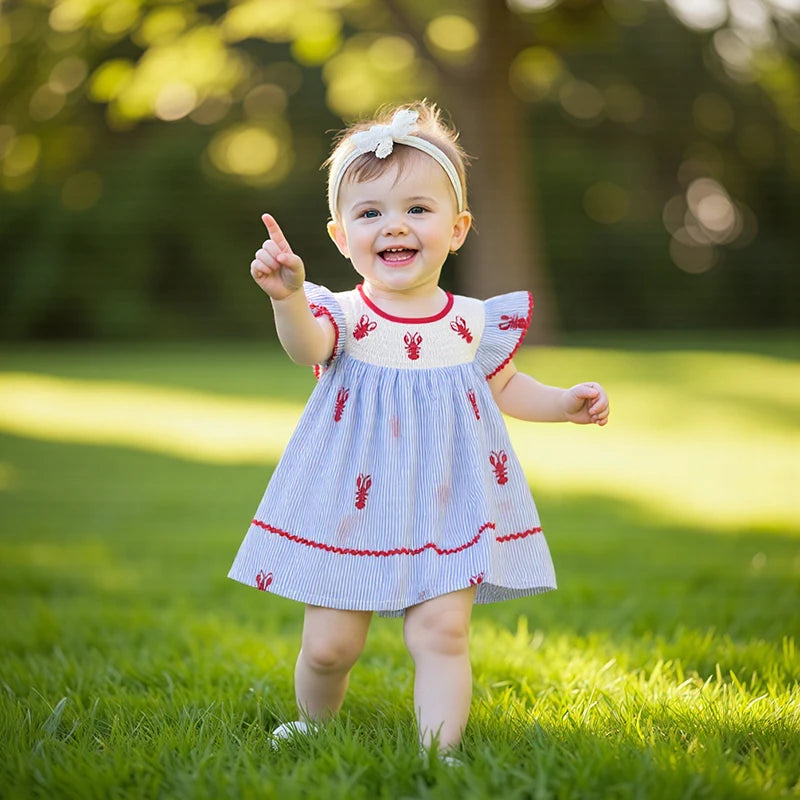 1-5Y Toddler Baby Girl Crawfish Smocked Ruffle Short Sleeve Dress Lobster Plaid Princess Dresses Summer Outfits