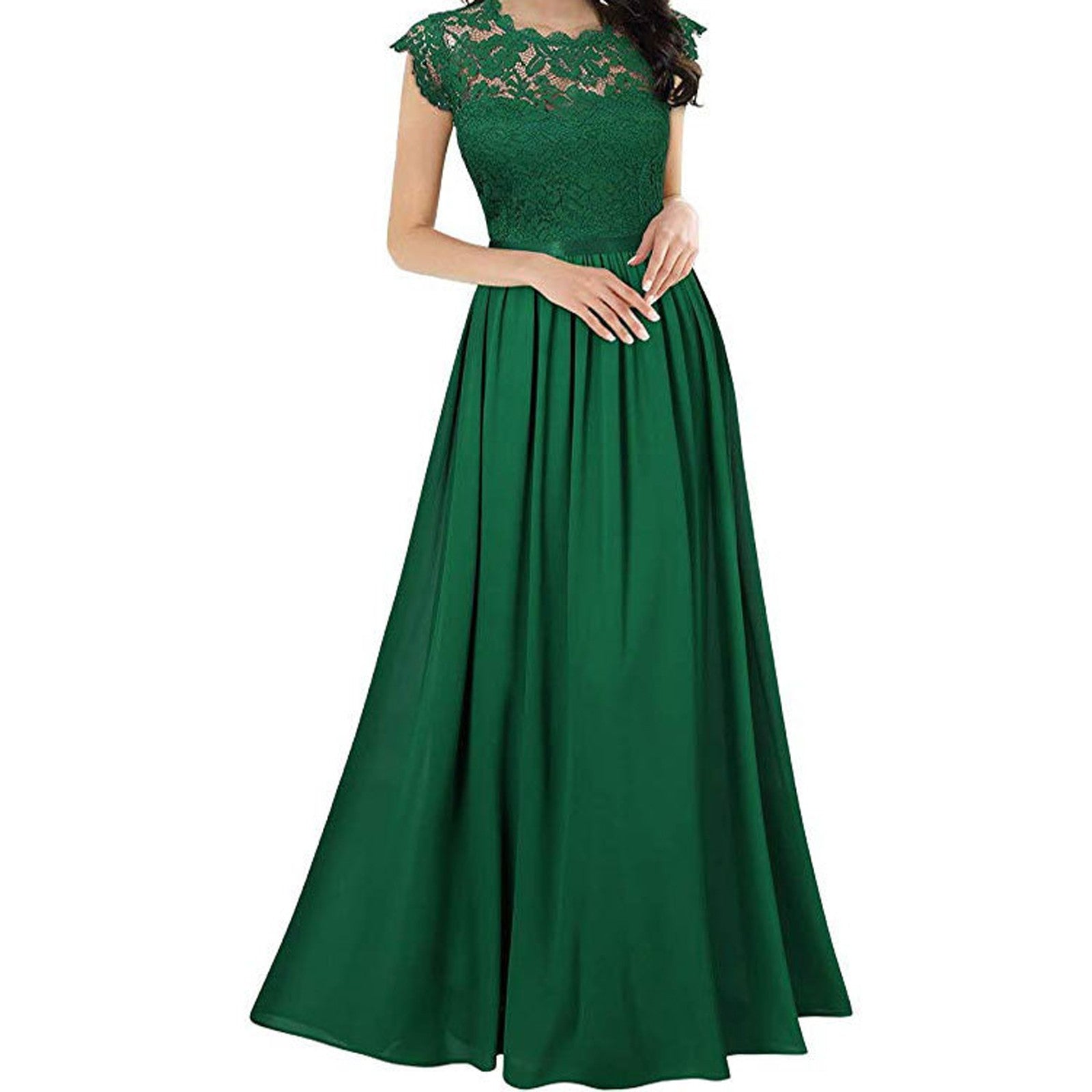 Elegant Lace Evening Party Dress Women V-neck Short Sleeve Chiffon Dress Ladies Big Swing Wedding Long Dress Vestidos de Festa
