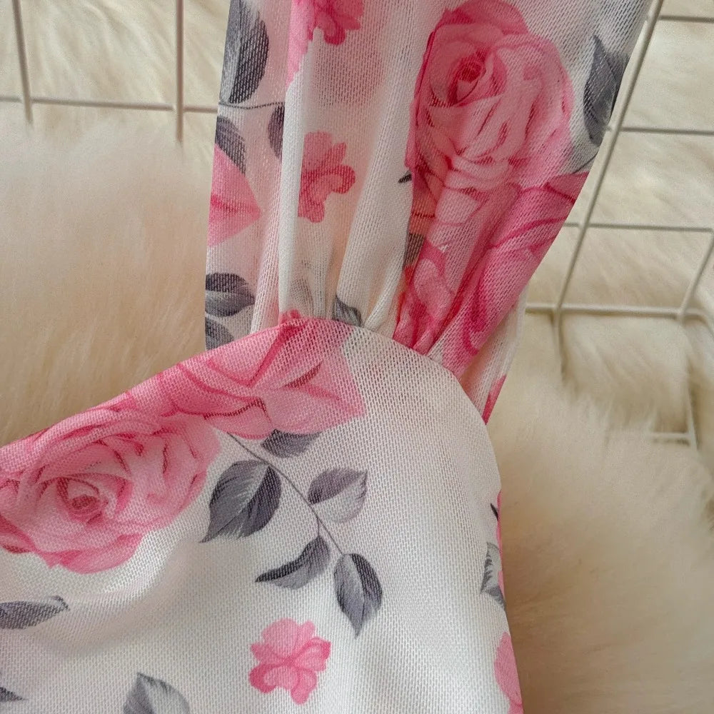 SsTss Summer Sweet Pink Floral Print Mesh Bodycon Dress for Women Elegant Square Neck Sleeveless Slim Ruched Ruffles Party Dress
