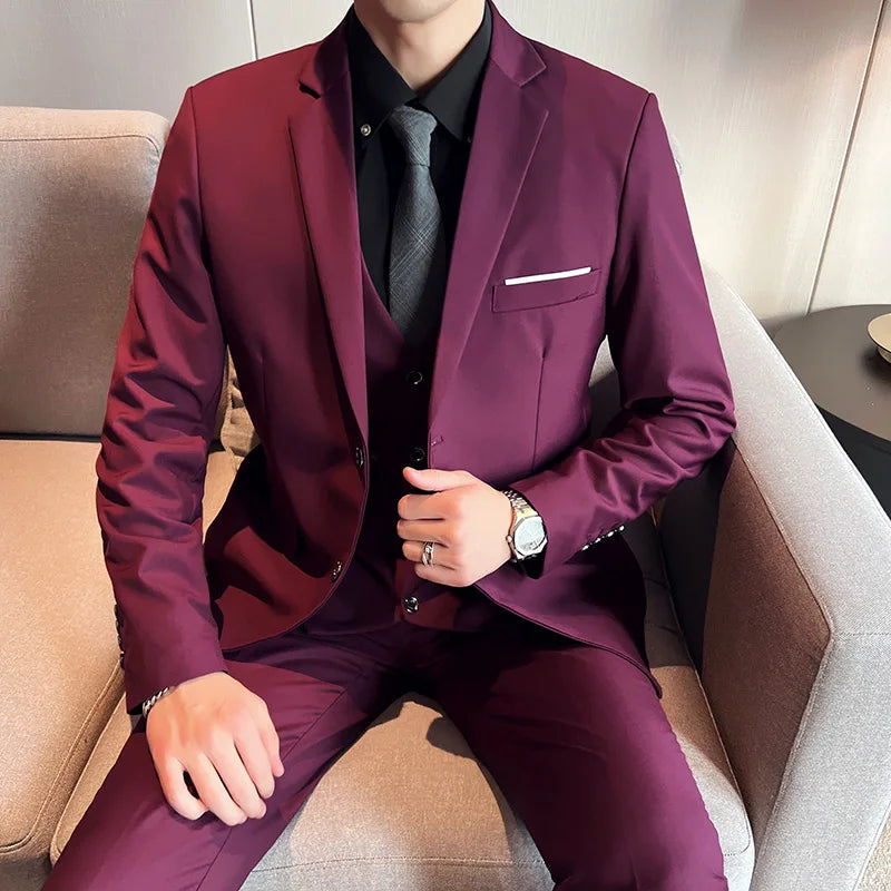 High quality fashion business casual (suit + vest + trousers) British style European and American wedding dress three-piece set