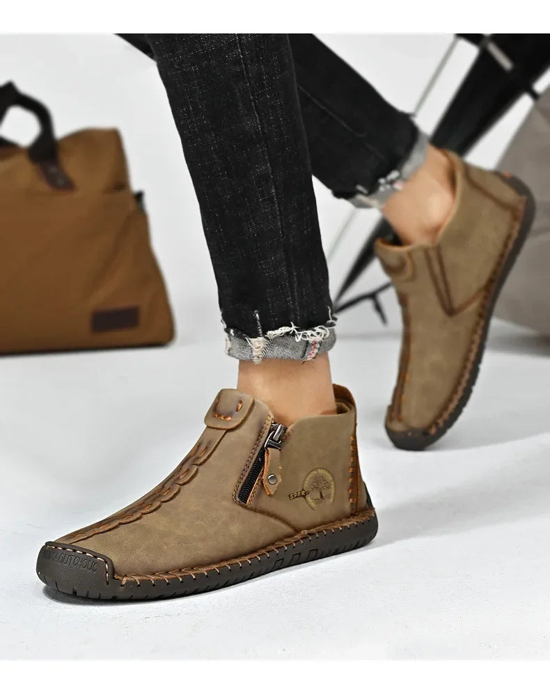 Men Boots Handmade Casual Ankle Boats for Man Male Hombres Walking Shoe Breathable Hombres Leather Wide Upright Zipper Shoes