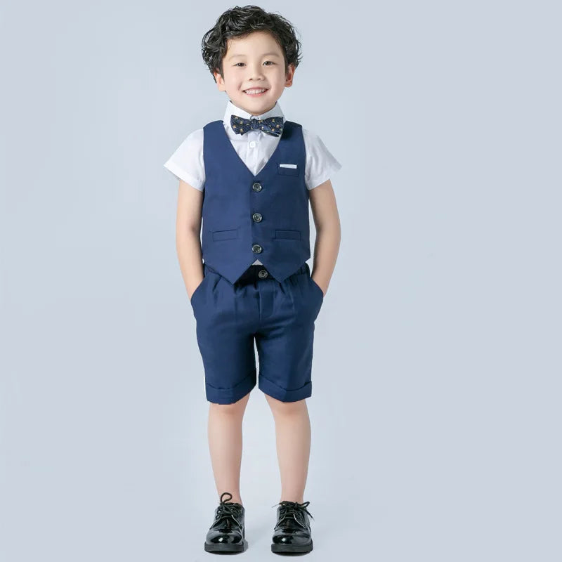 Boys Formal Birthday Photograph Suit Kids Summer Vest Shirt Short Bowtie Wedding Dress Teenager Suit Children Graduation Costume