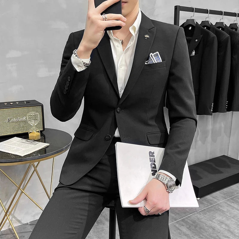 ( Blazer + Pants ) High End Brand Plaid Men's Casual Formal Office Business Suit Groom Wedding Dress Slim Suit Jacket Trousers