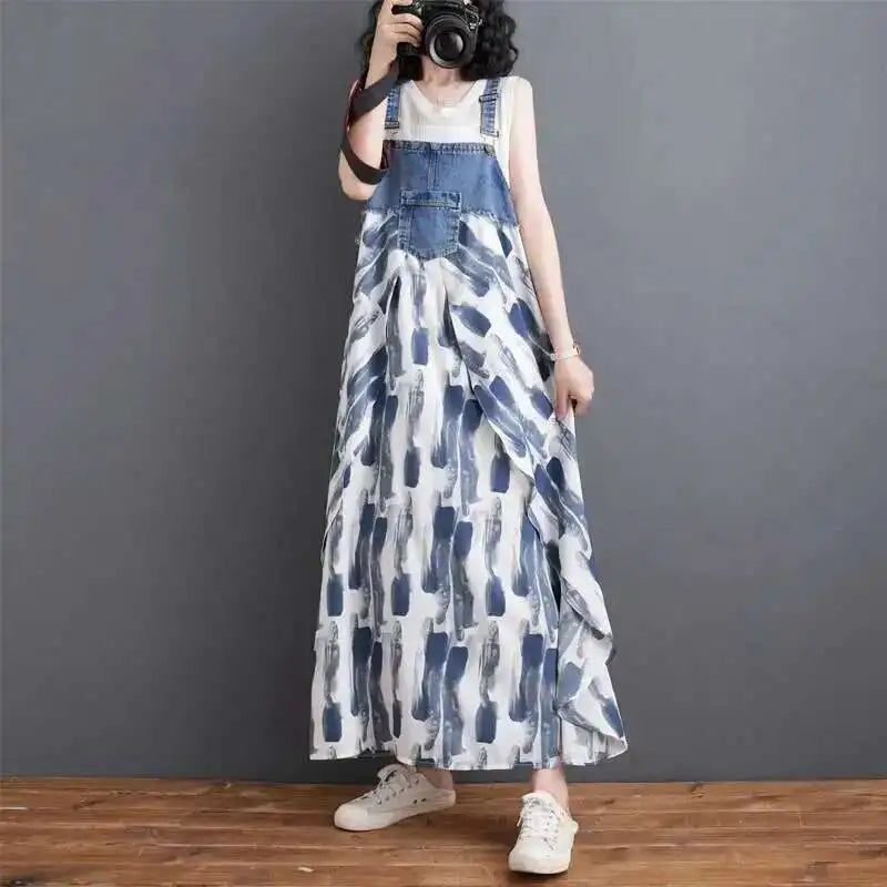 [EWQ] Sweet Women's Denim Dress Patchwork Contrasting Print Design Big Zise Casual Clothing Beautiful Sing Dresses 16O1075