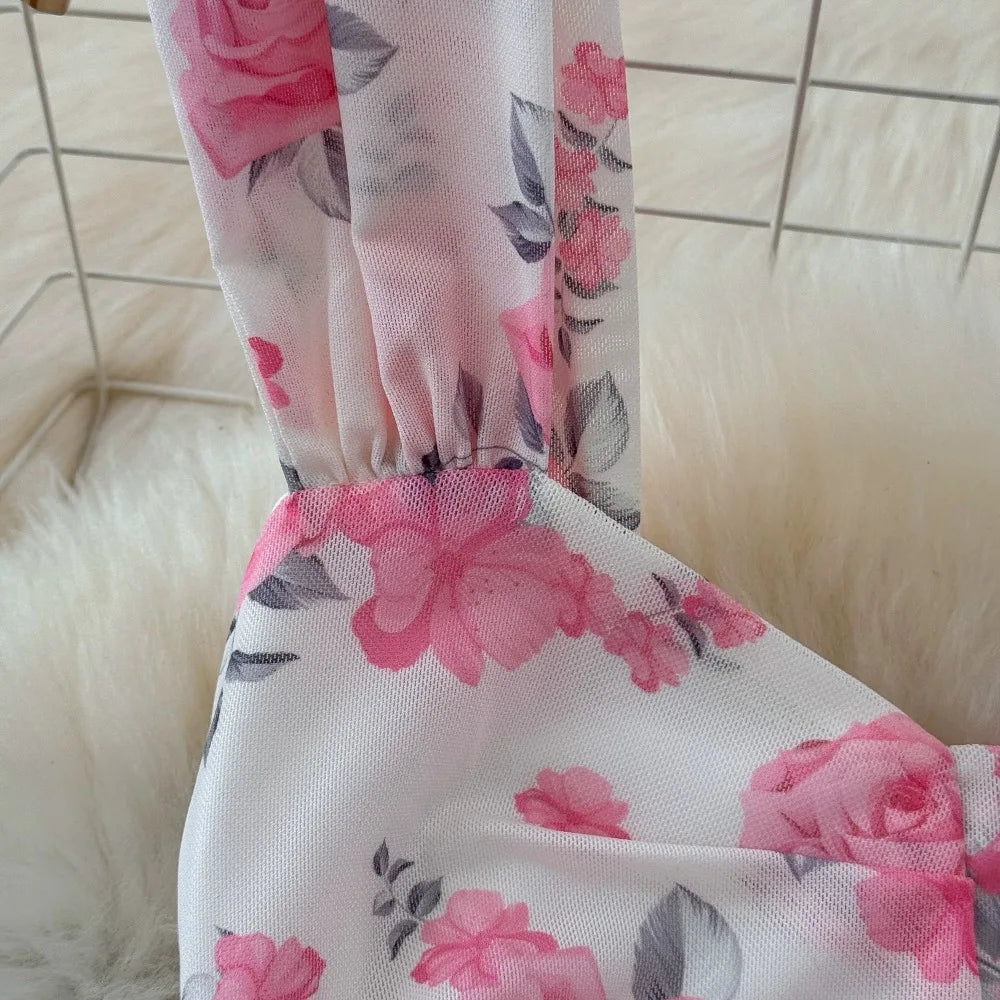 SsTss Summer Sweet Pink Floral Print Mesh Bodycon Dress for Women Elegant Square Neck Sleeveless Slim Ruched Ruffles Party Dress