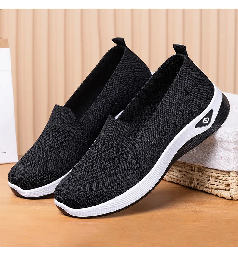 Women's Solid Color Breathable Sneakers, Soft Sole Lightweight Slip On Walking Shoes, Low-top Knitted Casual Shoes