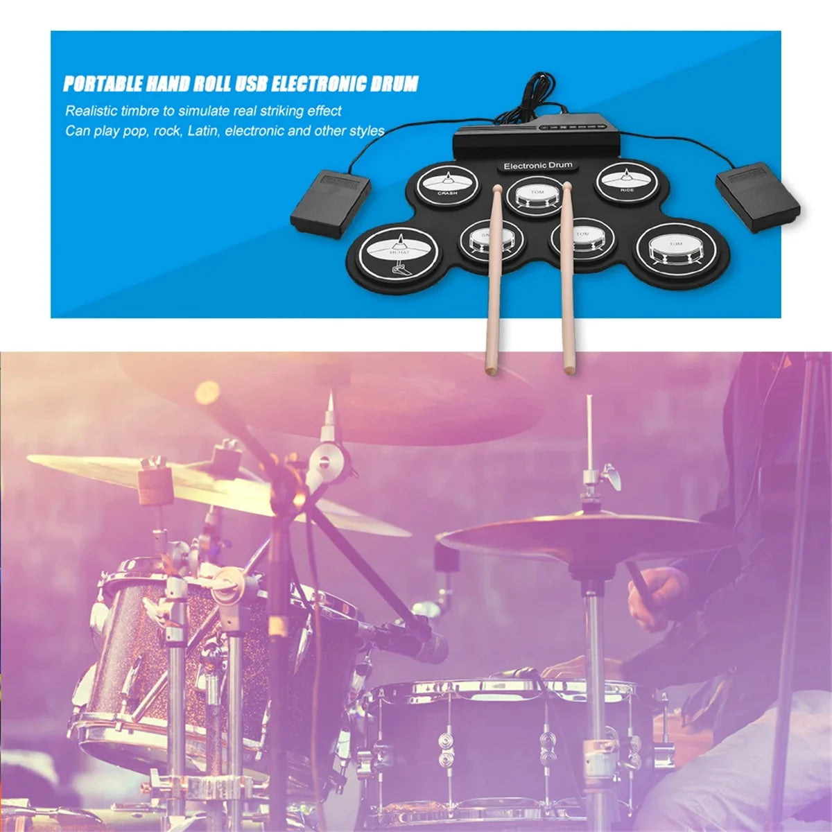 2022New Folding Silicone Hand Roll USB Electronic Drum Portable Practice Drums Pad Kit With Drumsticks Sustain Pedal