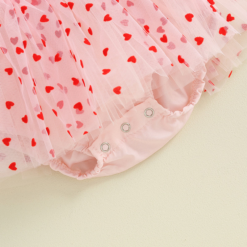 2Pcs Newborn Girl Romper Dress Valentine's Day Outfit Short Puff Sleeve Heart Print A-line Rompers with Bowknot Headband Clothes