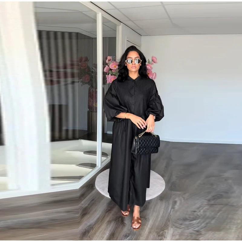 Loose Single Breasted Pleated Long Dress Women Elegant O-neck Lantern Sleeve A-line Party Dresses 2025 Summer Lady Casual Robes