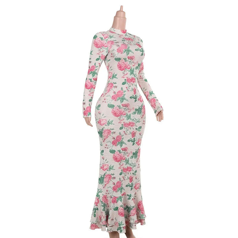Mozision Bodycon Long Sleeve Half High Collar Print Zipper Elegant Maxi Dress Women Slim High Waist Sexy Dress Ladies Outfits