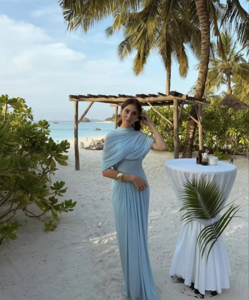 Elegant Shawl Ruched Asymmetrical Maxi Women Dress Summer Light Blue Slim Light Blue Party Dress Female Chic Evening Prom Gowns