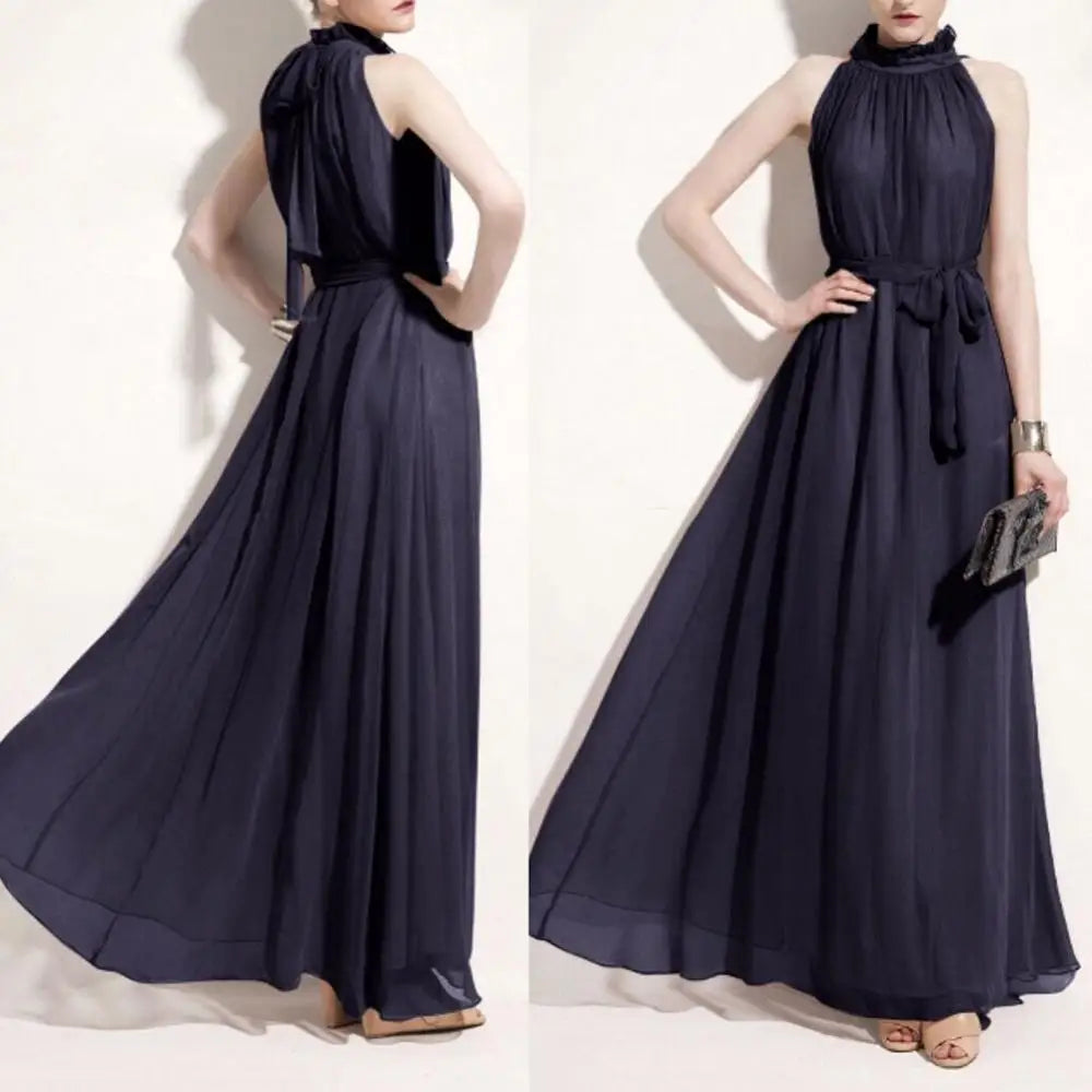 Evening Party Dress Solid Color Ruffled Collar Women Sleeveless Maxi Dress with Belt 2024 Summer Clothes