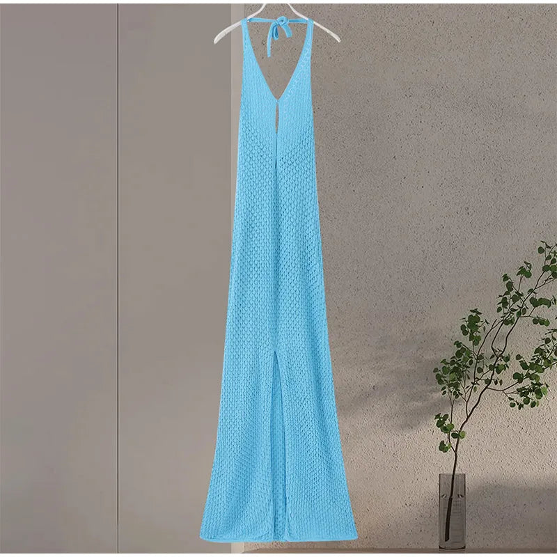 Sexy Hollow Out Knitted Dress Women Metal Ring Long Flare Sleeve Split Solid Maxi Dress Female 2025 V-neck Slim Lady Party Robes