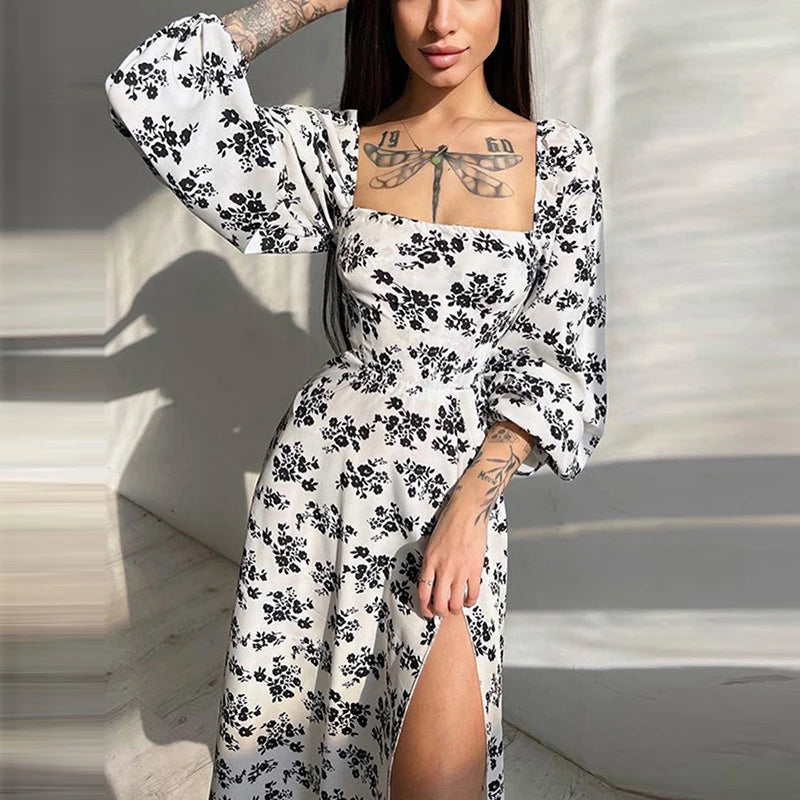 Chic Floral Printed Lantern Long Sleeve Dress Women Backless Cross Strap Split Long Dress Elegant Square Collar Slim Vestidos