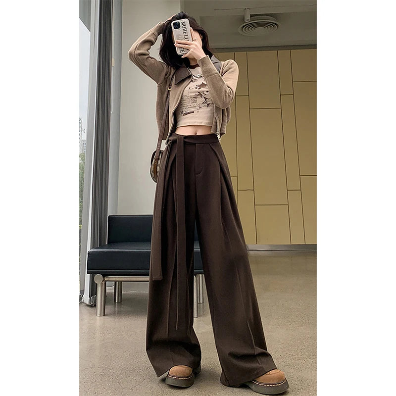 MEXZT Woolen Wide Leg Pants Women Fashion Lace Up Black Baggy Suit Pants Winter Streetwear Korean Casual Straight Trousers New