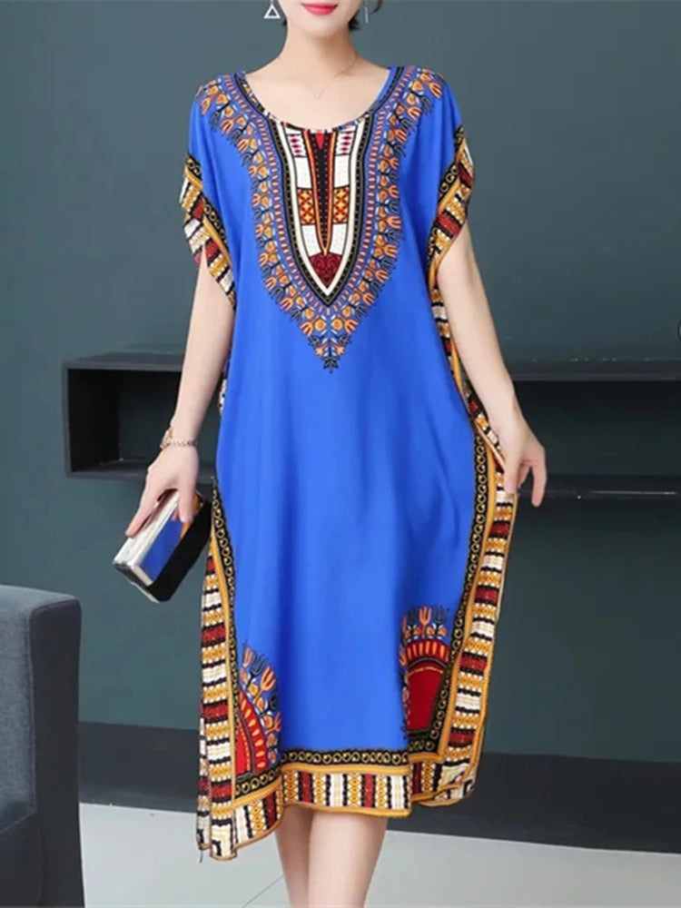 Retro Ethnic Style Women's Print Dress Batwing Sleeves O-Neck Straight Dress High Slit Loose Oversize Dresses Casual Matching
