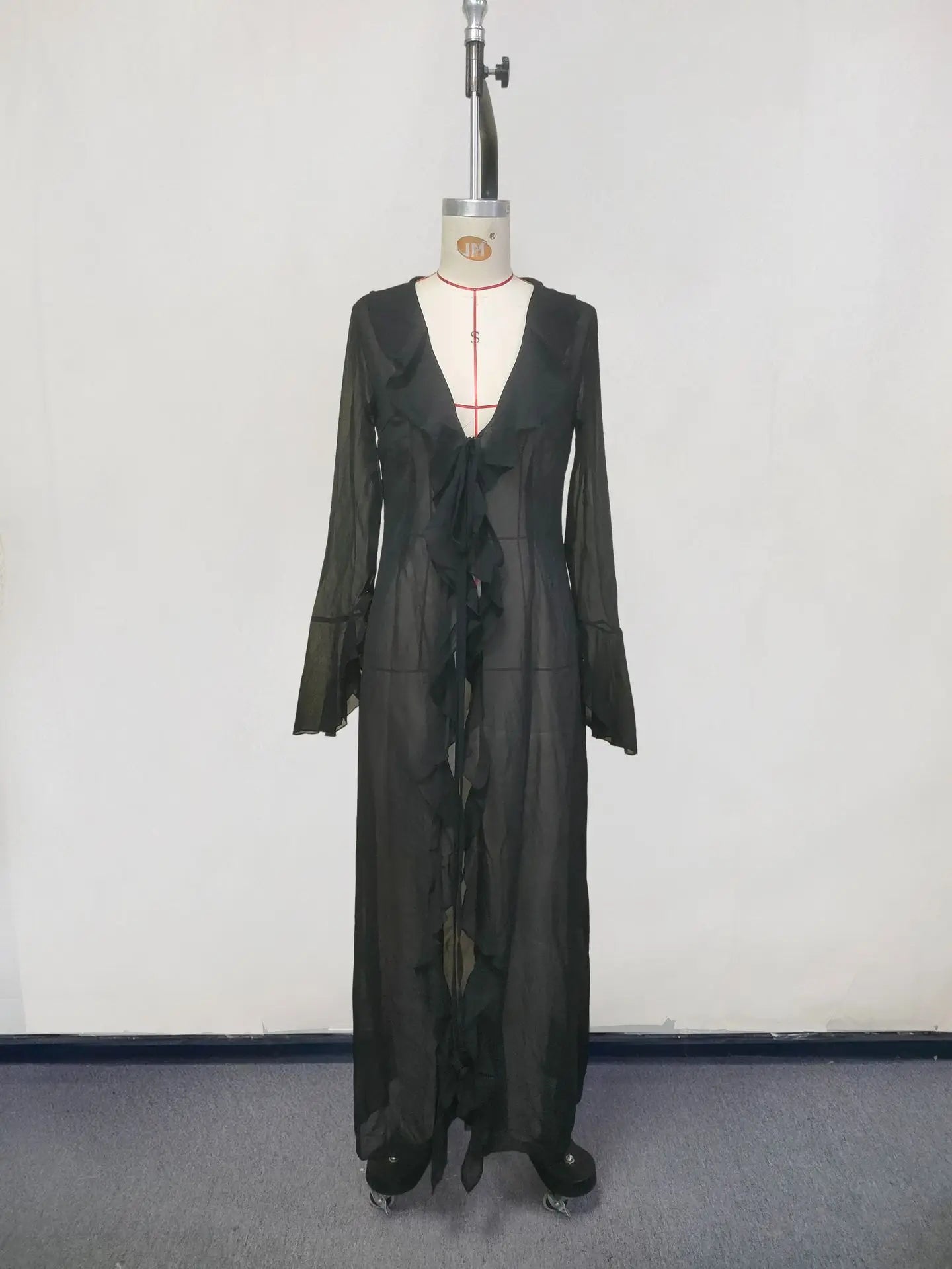 New Sexy V Neck Black White Ruffled Long Sleeve Chiffon Tunic Beach Cover Up Cover-ups Dress Sunscreen Beachwear Womens Clothing