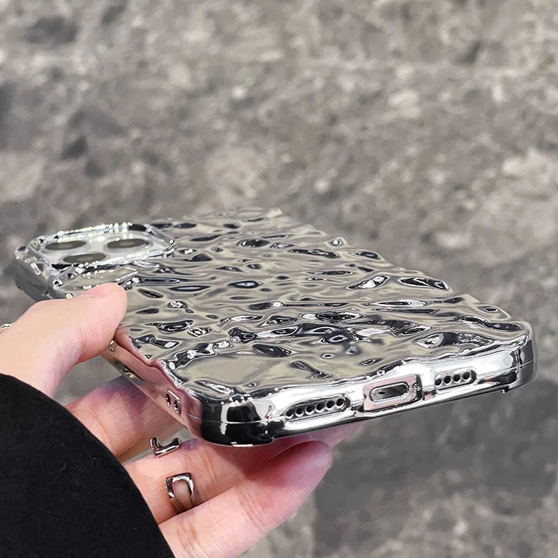 Plating Metal Color Silver Tin Foil Pleats Case For iPhone 14 13 12 11 15 16 17 Pro Max Air Mini XS XR Plus Silicone Phone Case