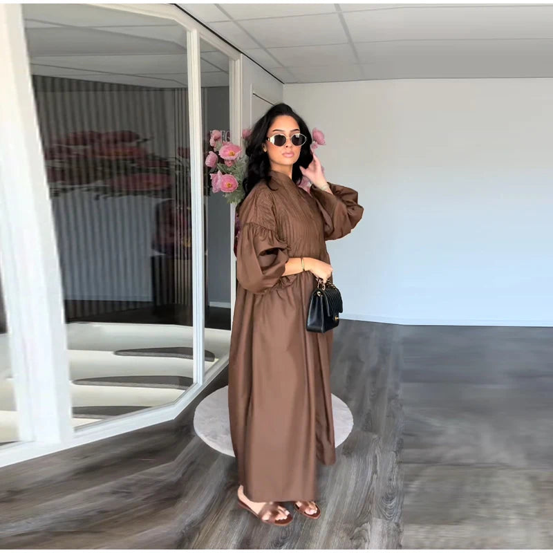Loose Single Breasted Pleated Long Dress Women Elegant O-neck Lantern Sleeve A-line Party Dresses 2025 Summer Lady Casual Robes