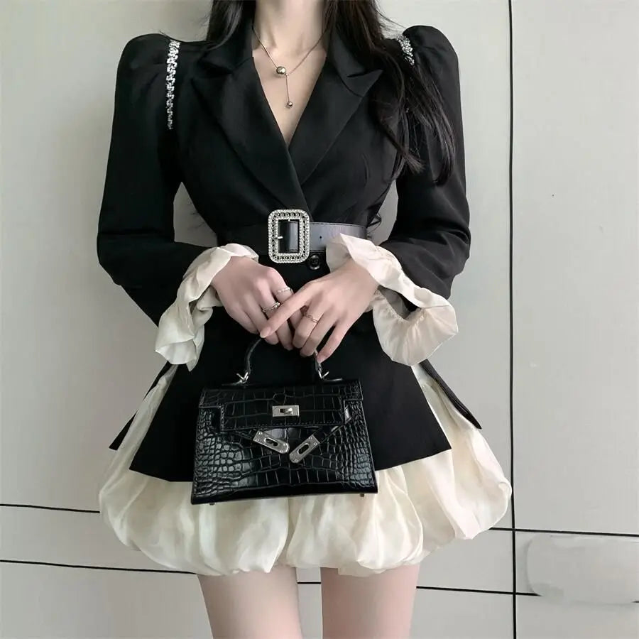 Neploe Temperament Lace Up Waist Slim Dress Sets High Waist Ruffle Edge Patched Sleeves Ropa Mujer Sexy Feminino Chic Women Sets