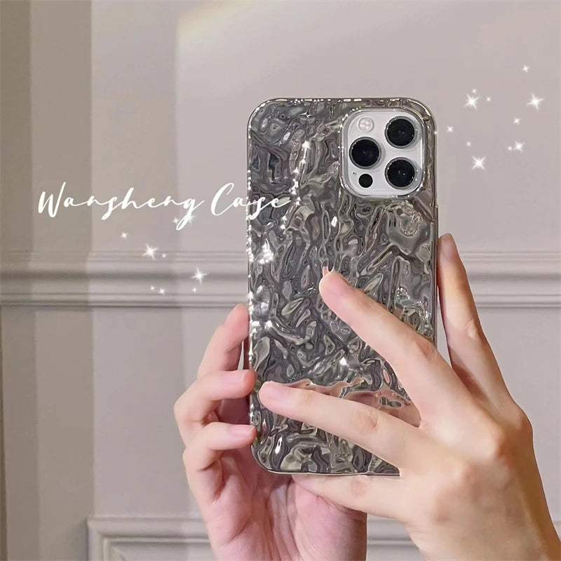 Plating Metal Color Silver Tin Foil Pleats Case For iPhone 14 13 12 11 15 16 17 Pro Max Air Mini XS XR Plus Silicone Phone Case