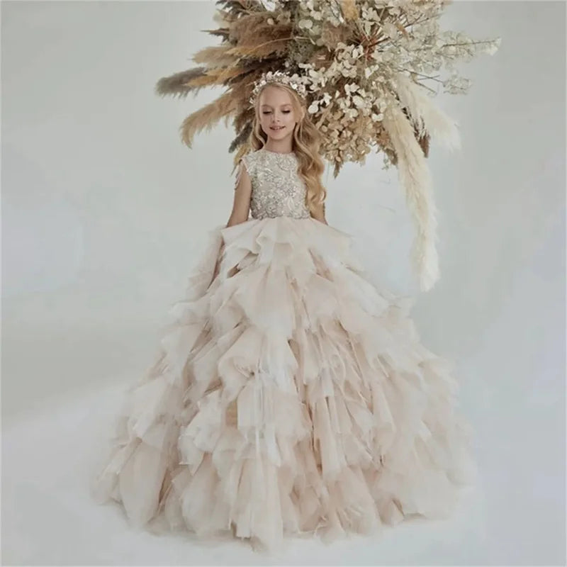 Flower Girl Dress Birthday Ball Gown Puffy For Wedding Tulle Appliques Beading Party Pageant First Communion Gown Gift