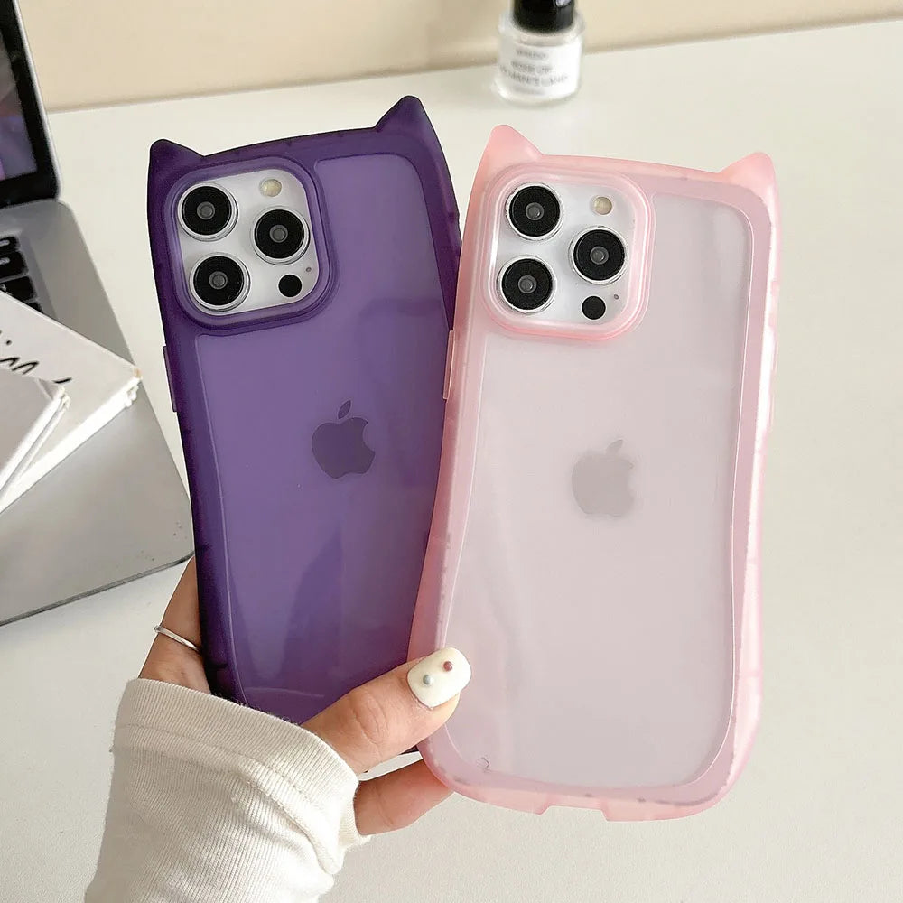 Korea Cute 3D Cat Ear Transparent Phone Case For iPhone 11 12 13 14 15 16 Pro Max Matte Silicone Shockproof Protective Cover