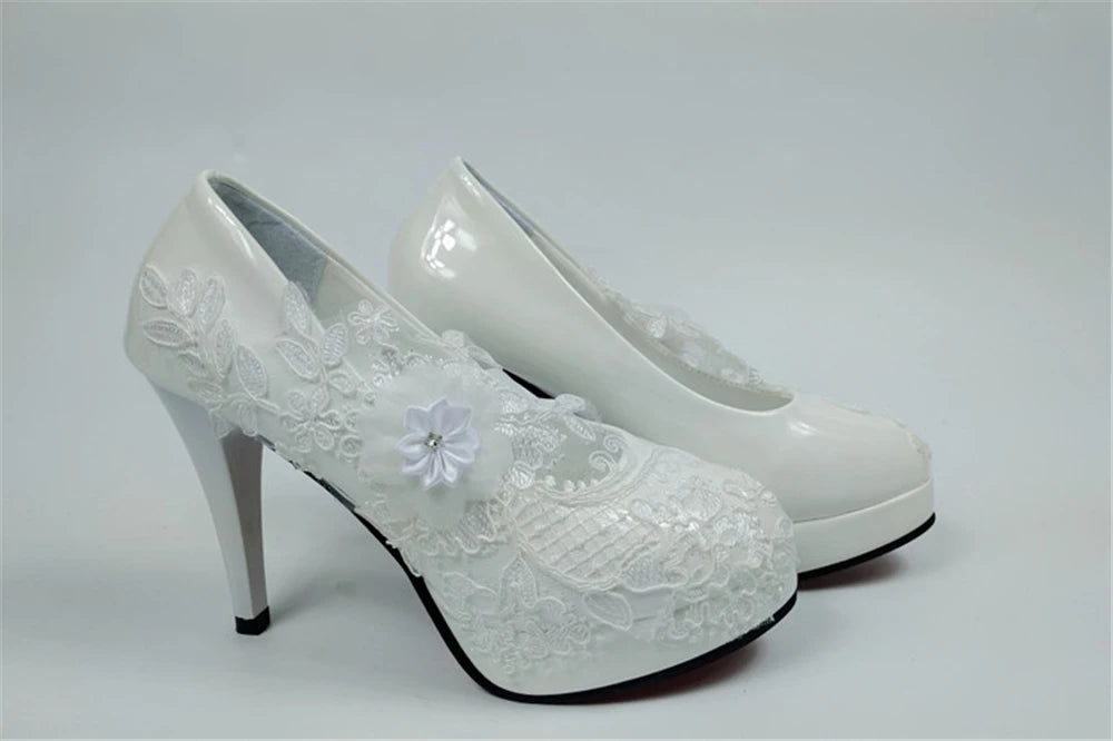 Spring new round-toe waterproof platform lace rhinestone low-heel wedding shoes thin high-heeled dress large-size women's shoes