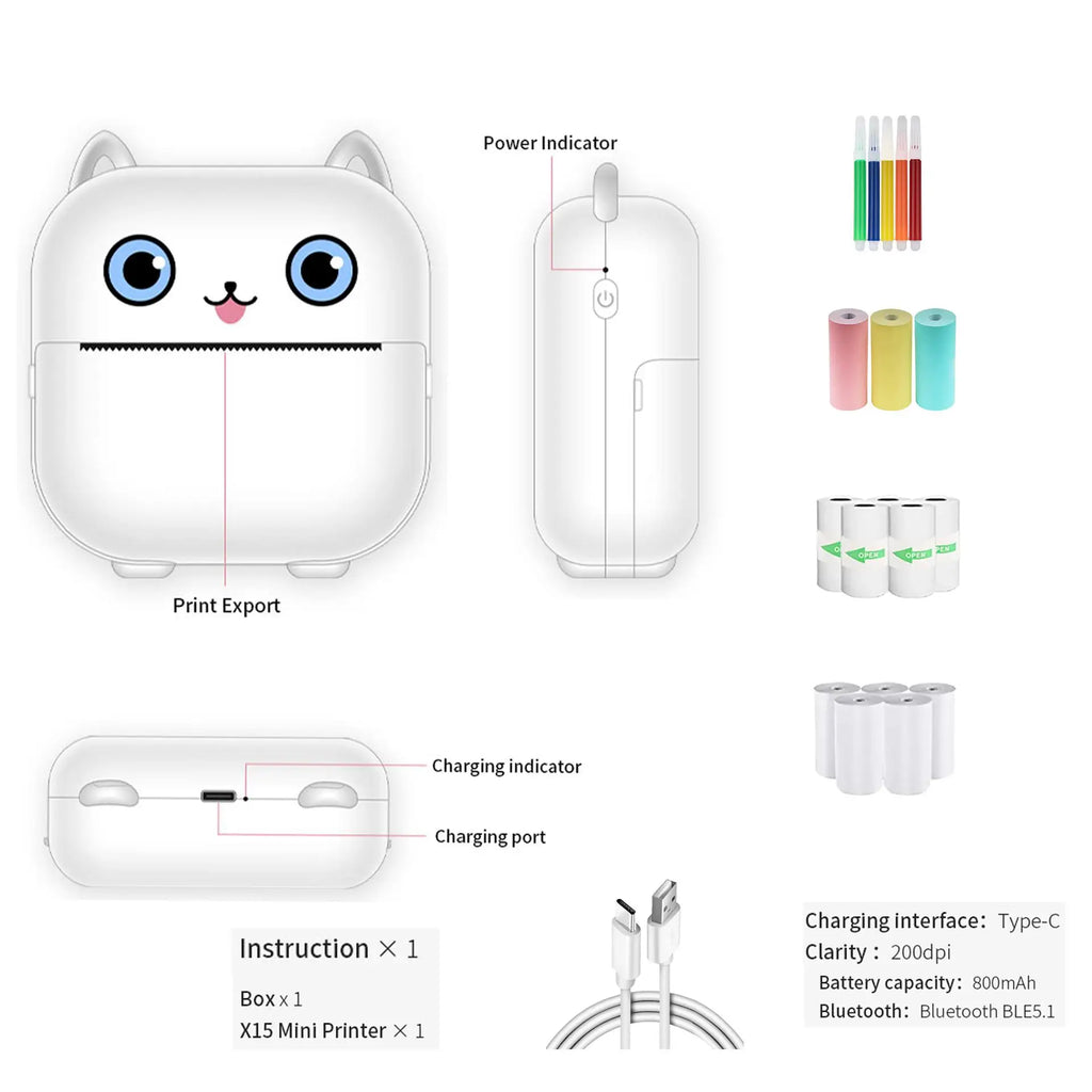 Portable Mini Thermal Photo Printer Cordless Label Printer Rechargeable Design Compact for Text Photos and Symbols for Printing