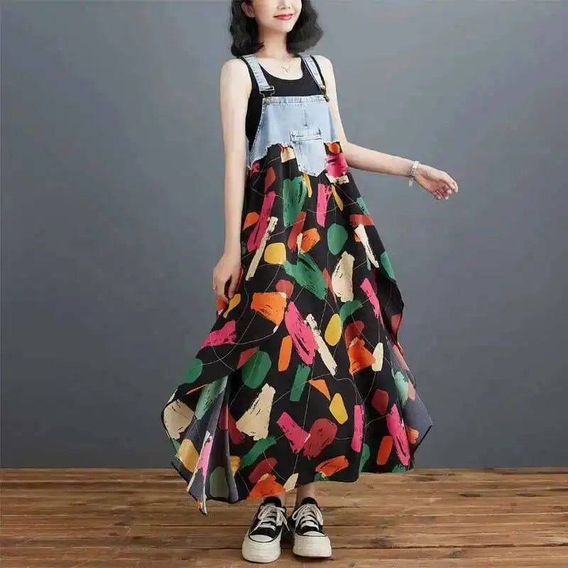 [EWQ] Sweet Women's Denim Dress Patchwork Contrasting Print Design Big Zise Casual Clothing Beautiful Sing Dresses 16O1075