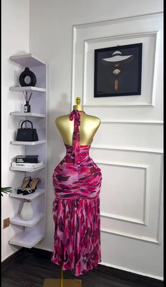 CM.YAYA Women Halter Neck Backless Ruched Stacked Sleeveless Mesh Long Maxi Dress 2025 Birthday Even Sexy Party Dresses Vestidos