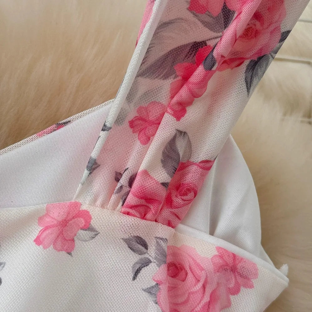 SsTss Summer Sweet Pink Floral Print Mesh Bodycon Dress for Women Elegant Square Neck Sleeveless Slim Ruched Ruffles Party Dress