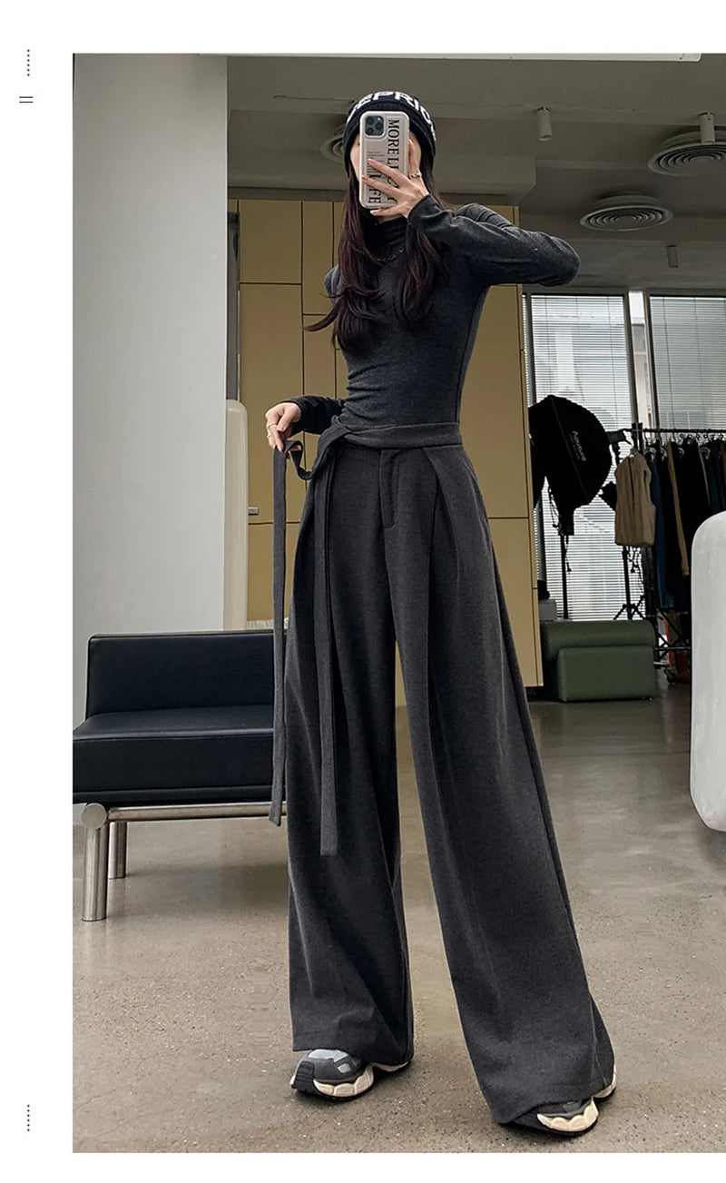 MEXZT Woolen Wide Leg Pants Women Fashion Lace Up Black Baggy Suit Pants Winter Streetwear Korean Casual Straight Trousers New