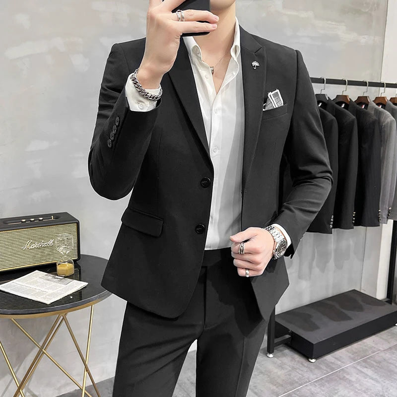 ( Blazer + Pants ) High End Brand Plaid Men's Casual Formal Office Business Suit Groom Wedding Dress Slim Suit Jacket Trousers