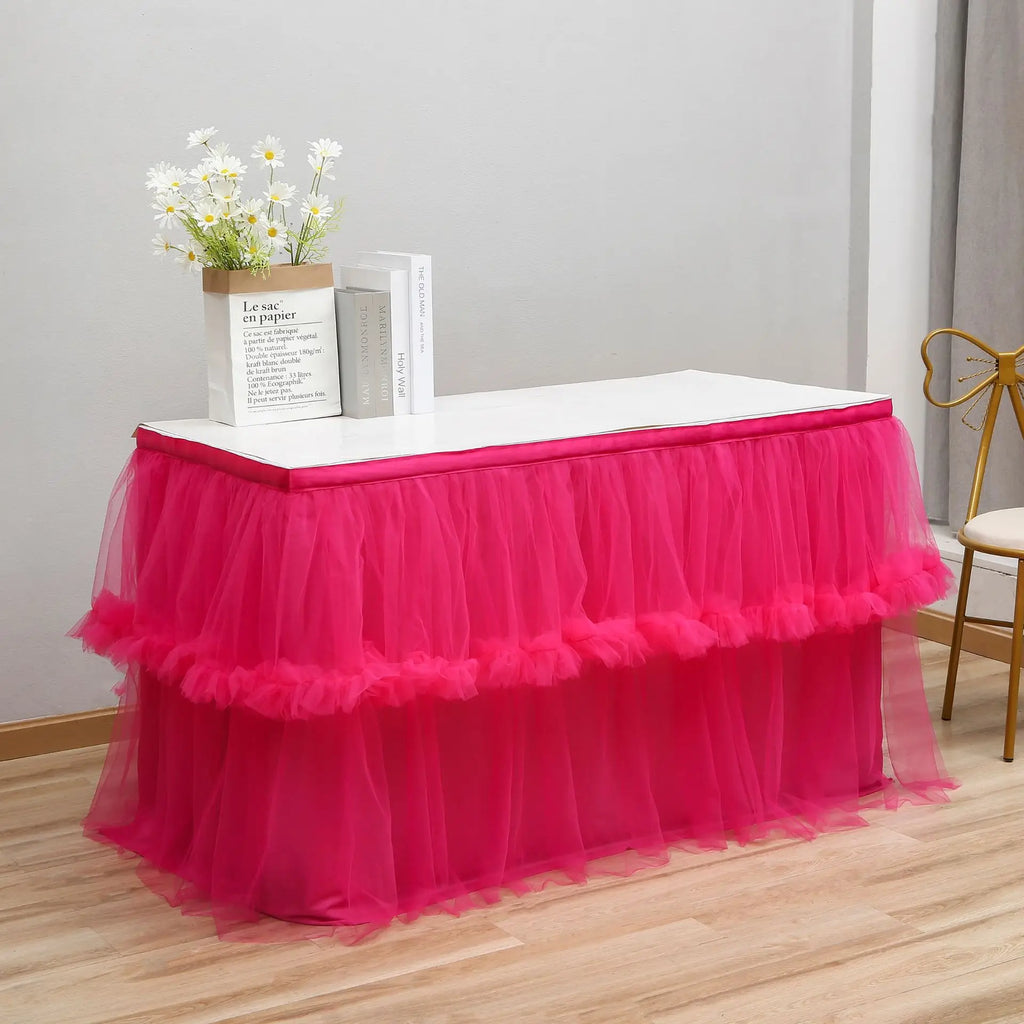 Wedding Tulle Table Skirt 6FT/9FT Purple Pink White Mesh Dining Table Decoration Table Cover For Wedding Reception Banquet