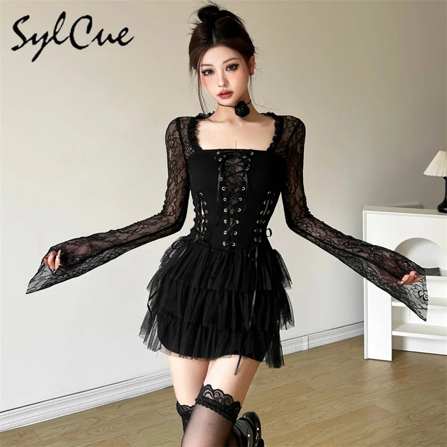 Nibber Black Retro Mysterious Lace Sexy Mature Beautiful Sweet Gentle Personality Women Drawstring Laminated Ruffled Tutu Dress