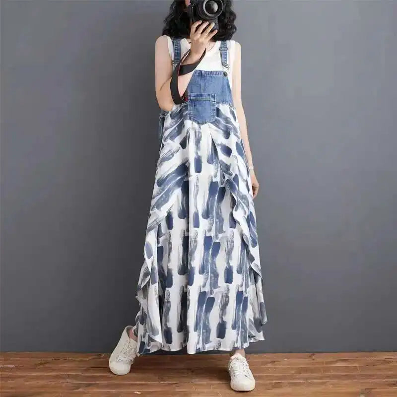 [EWQ] Sweet Women's Denim Dress Patchwork Contrasting Print Design Big Zise Casual Clothing Beautiful Sing Dresses 16O1075