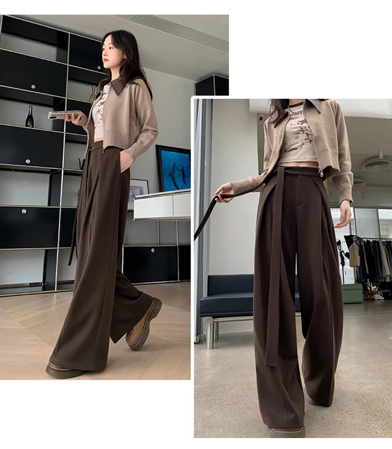 MEXZT Woolen Wide Leg Pants Women Fashion Lace Up Black Baggy Suit Pants Winter Streetwear Korean Casual Straight Trousers New