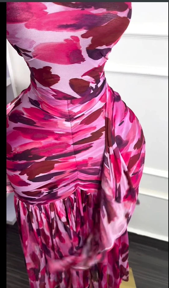 CM.YAYA Women Halter Neck Backless Ruched Stacked Sleeveless Mesh Long Maxi Dress 2025 Birthday Even Sexy Party Dresses Vestidos